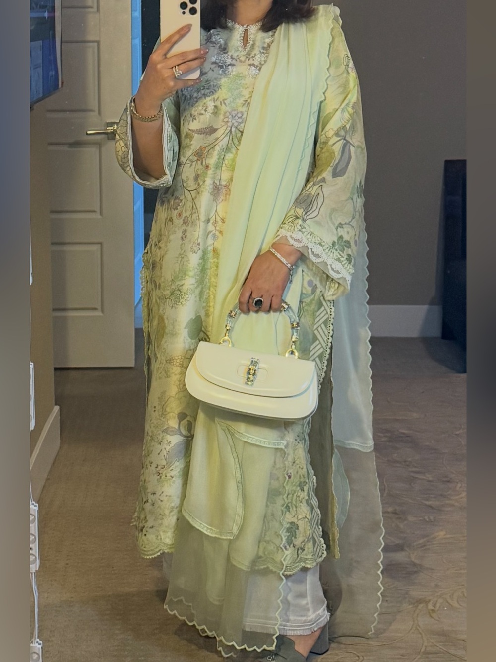 Light Green Embroidered Long Sleeve Women's Dress with Scarf